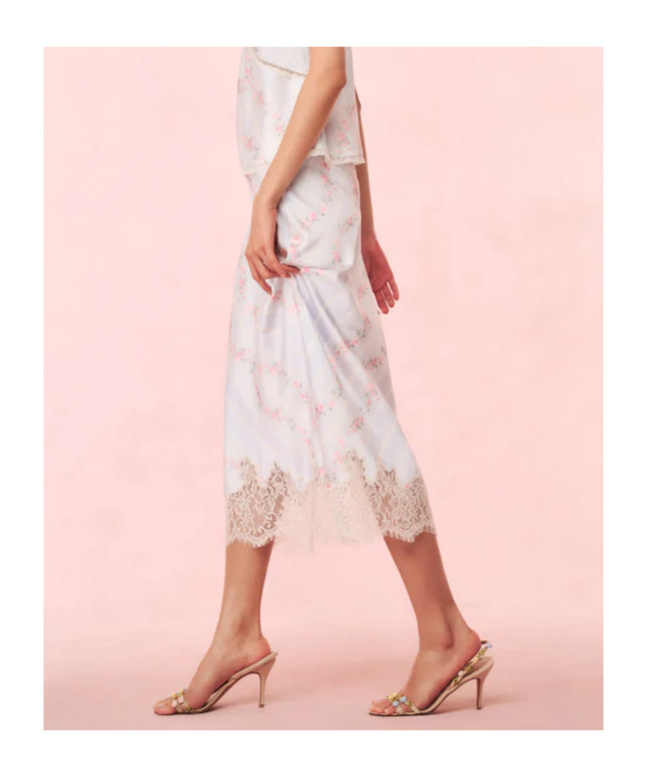 Shop Loveshackfancy Foral-print Satin Midi Skirt In Wavecrest Blue