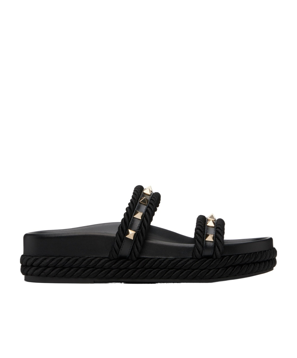 Valentino Womens Black Rockstud Leather Espadrille Sandals In Black