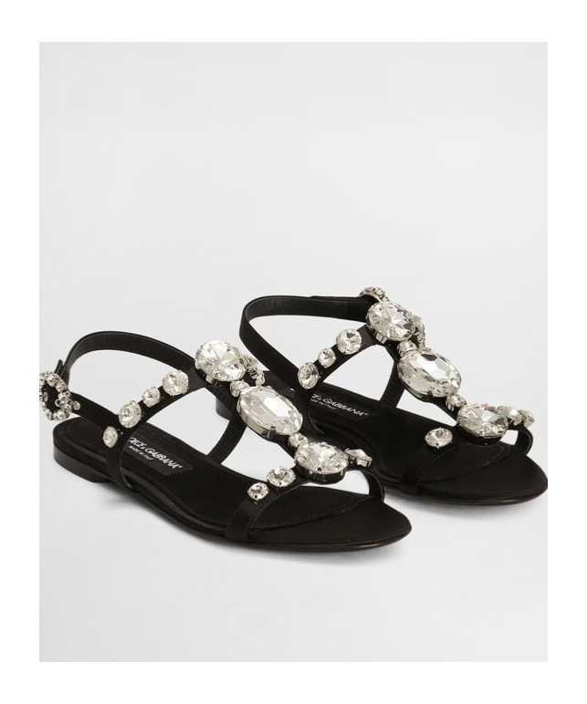 Dolce & Gabbana Black Sandals With Embroidered Stones Decorations In Satin Woman In Black