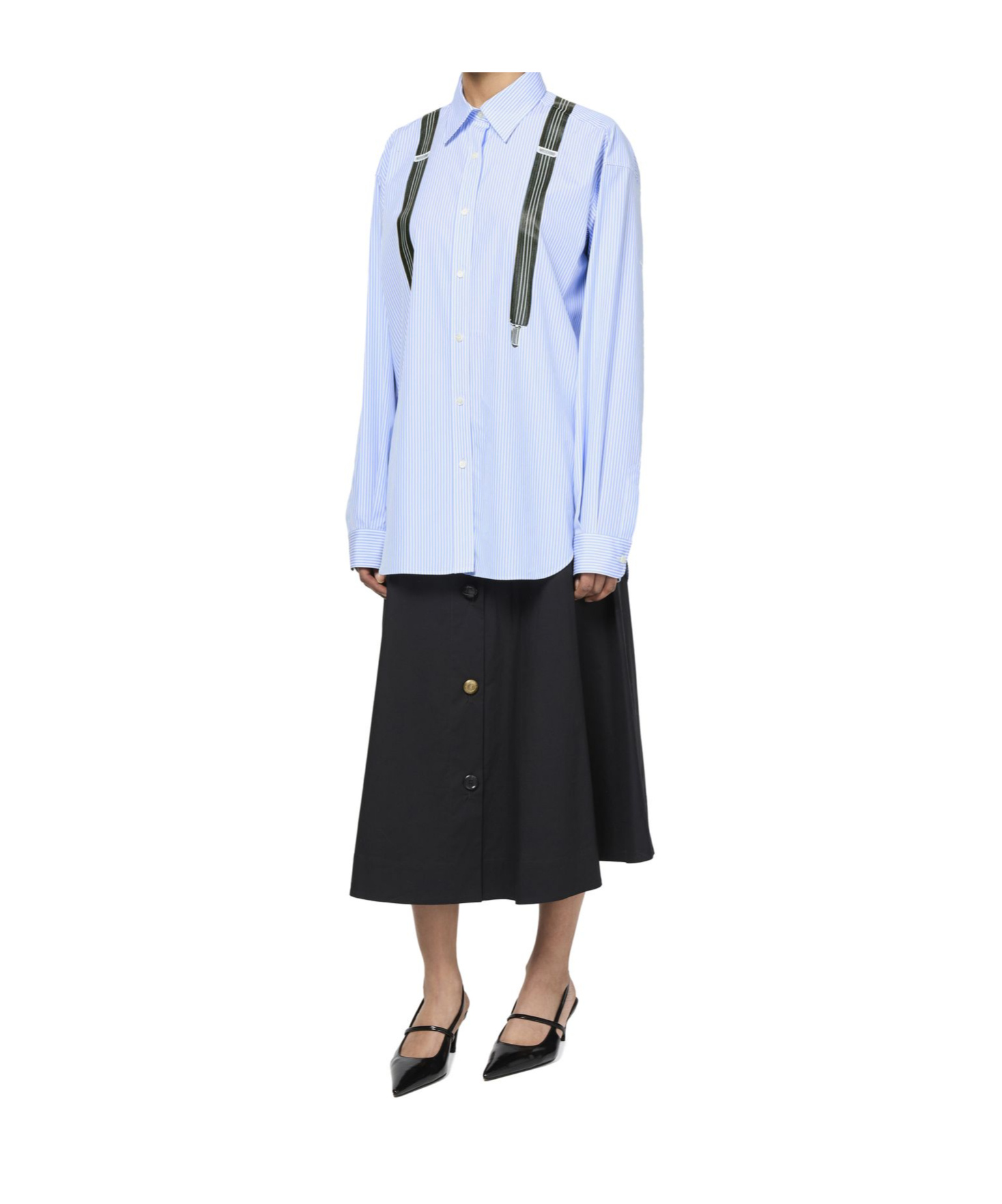 Moschino Couture Light Blue Cotton Striped Shirt With Decorative Straps In Blue