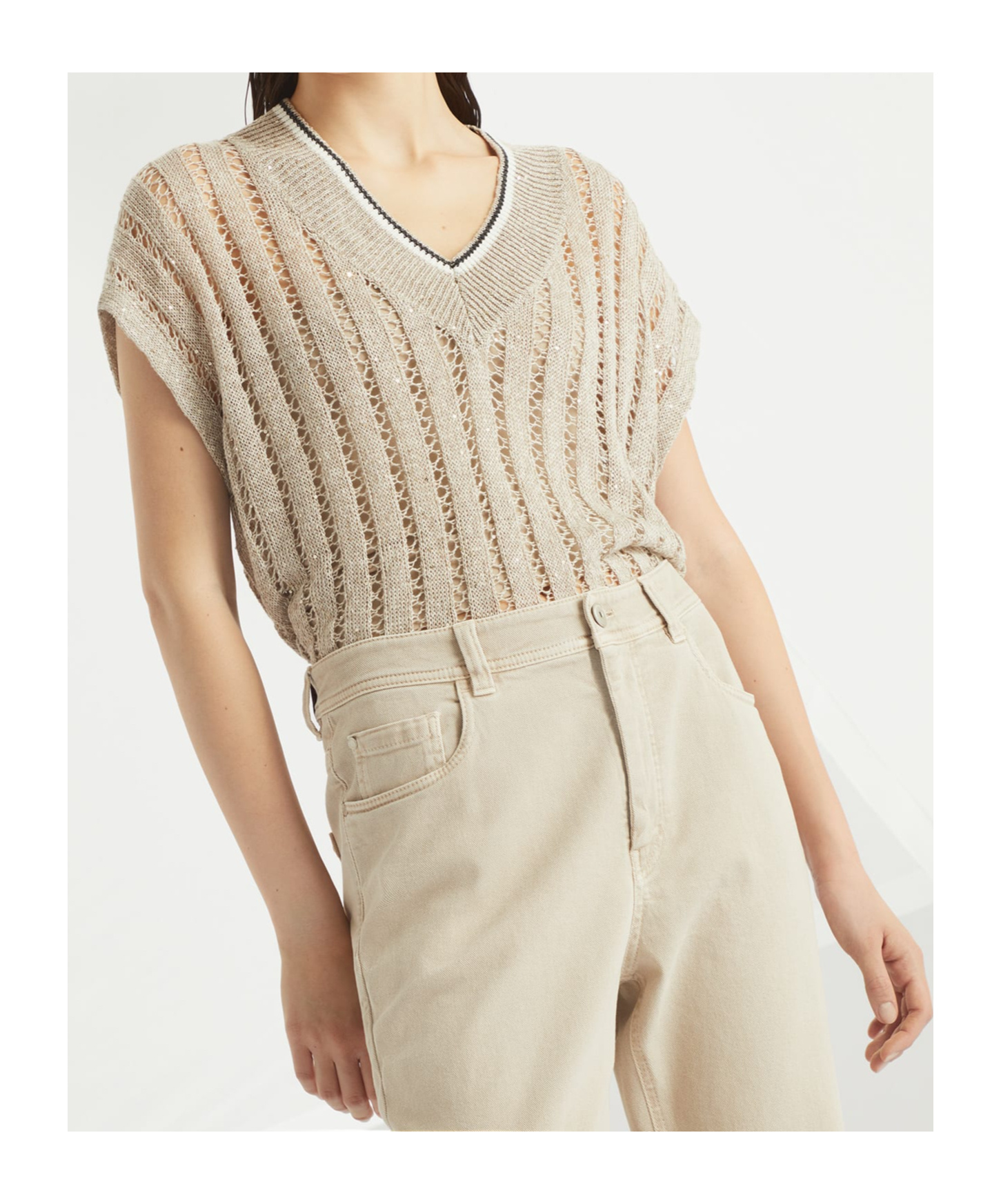 Brunello Cucinelli Women Dazzling Ribbed Net Knitted T-shirt In Linen In Nude