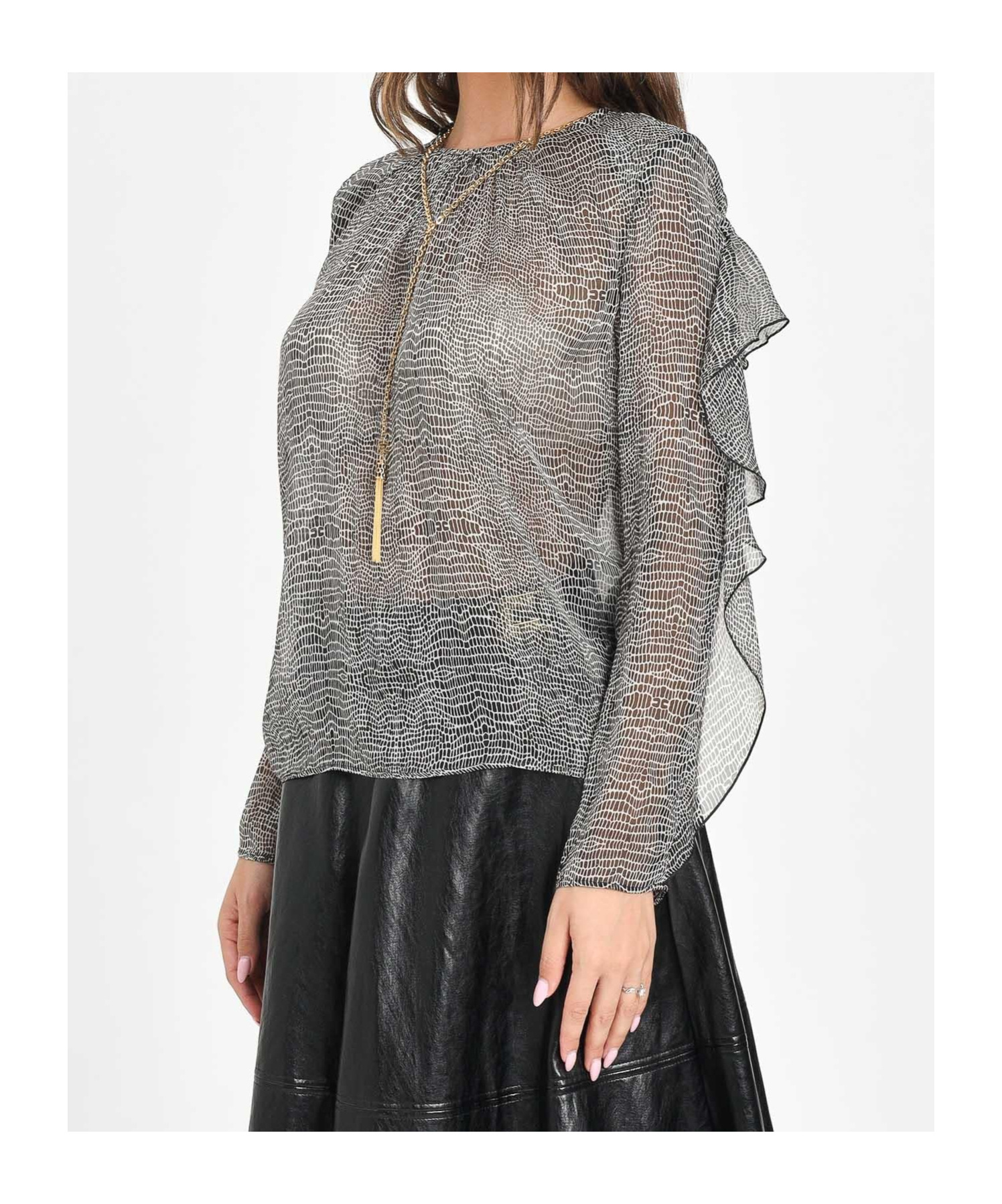 Elisabetta Franchi Silk Shirt With Layered Ruffle Detail In Gray