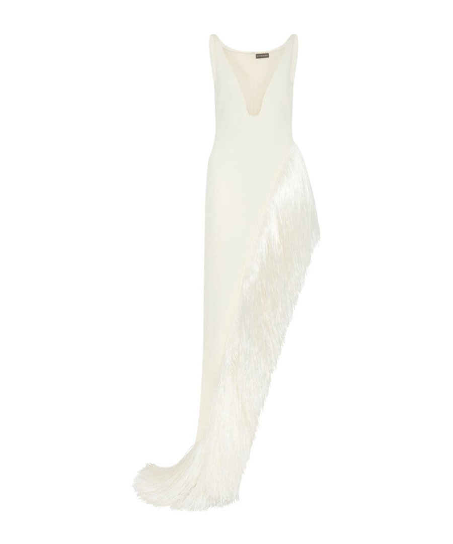 David Koma Raffia-fringe Asymmetric-hem Gown In White