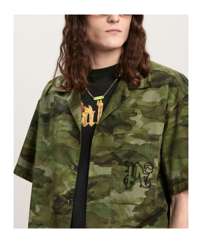 Palm Angels Camouflage Printed Short Sleeved Shirt In Green