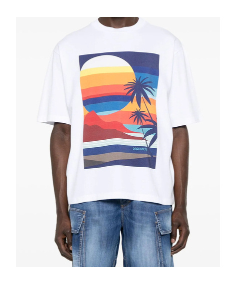 Dsquared2 Summer Lovers Cotton T-shirt With Multicolor Print In White