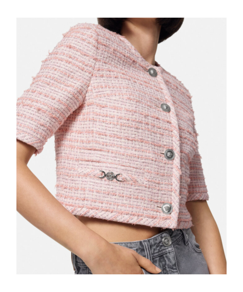 Versace Tweed Short-sleeved Cardigan Jacket In Pink