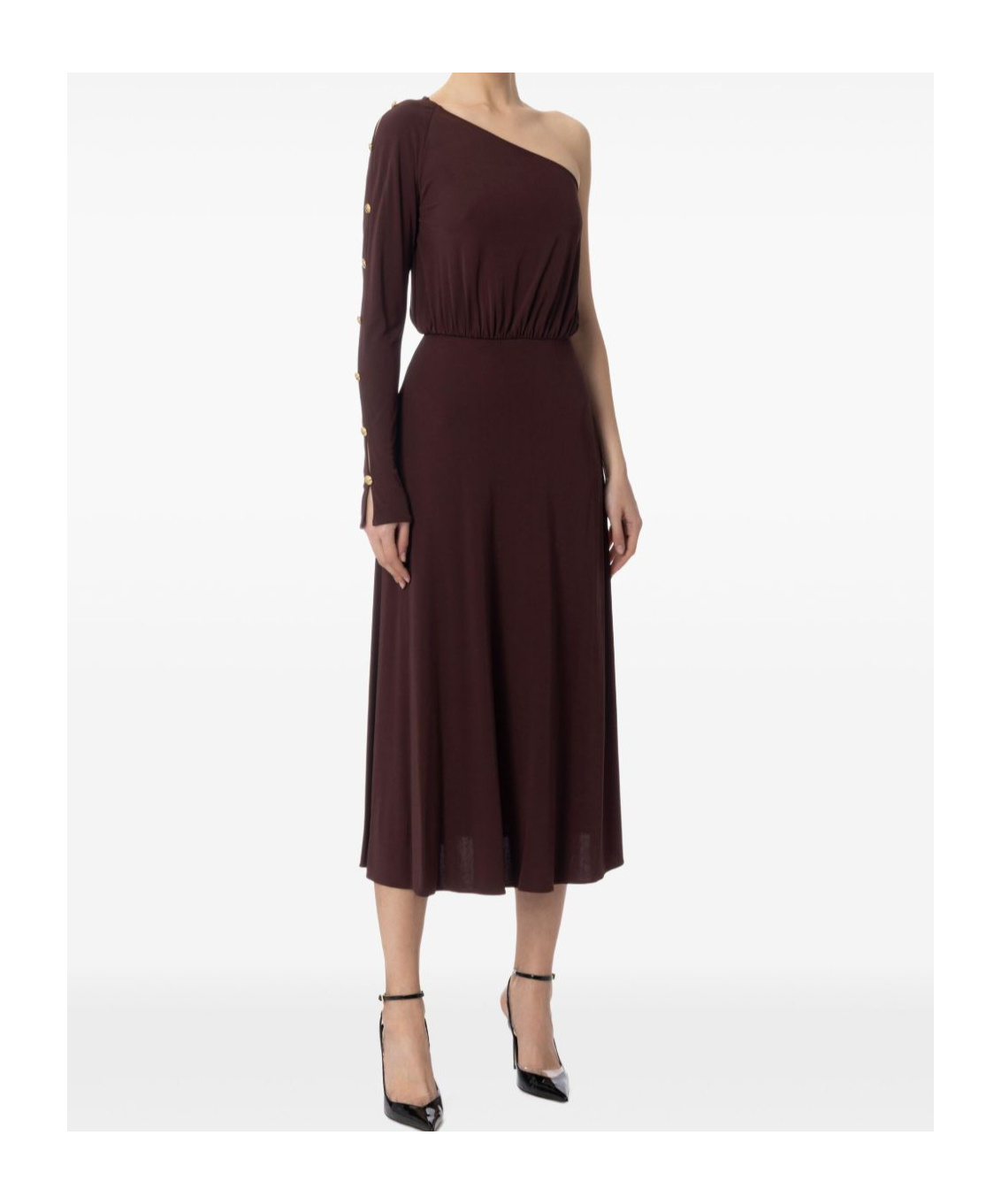 Shop Elisabetta Franchi One-shoulder Midi Dress In Cocoa