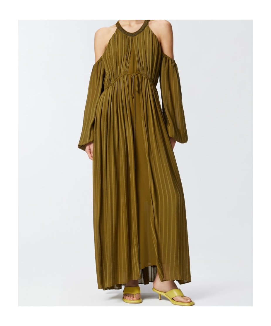 Pinko Long Off-the-shoulder Dress With Beaded Embroidery In Green