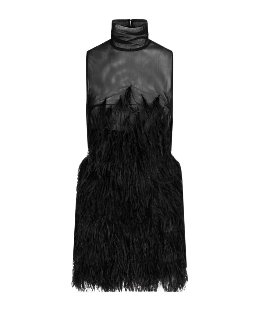Attico Feather-embroidered Tulle Mini Dress In Black