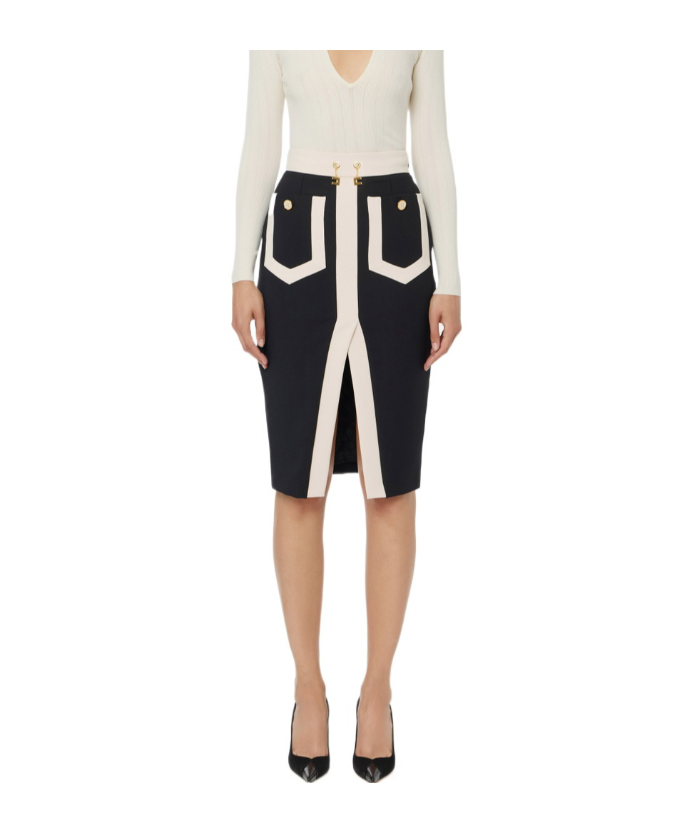 Elisabetta Franchi Crepe Pencil Skirt With Buttoned Patch Pockets In Black