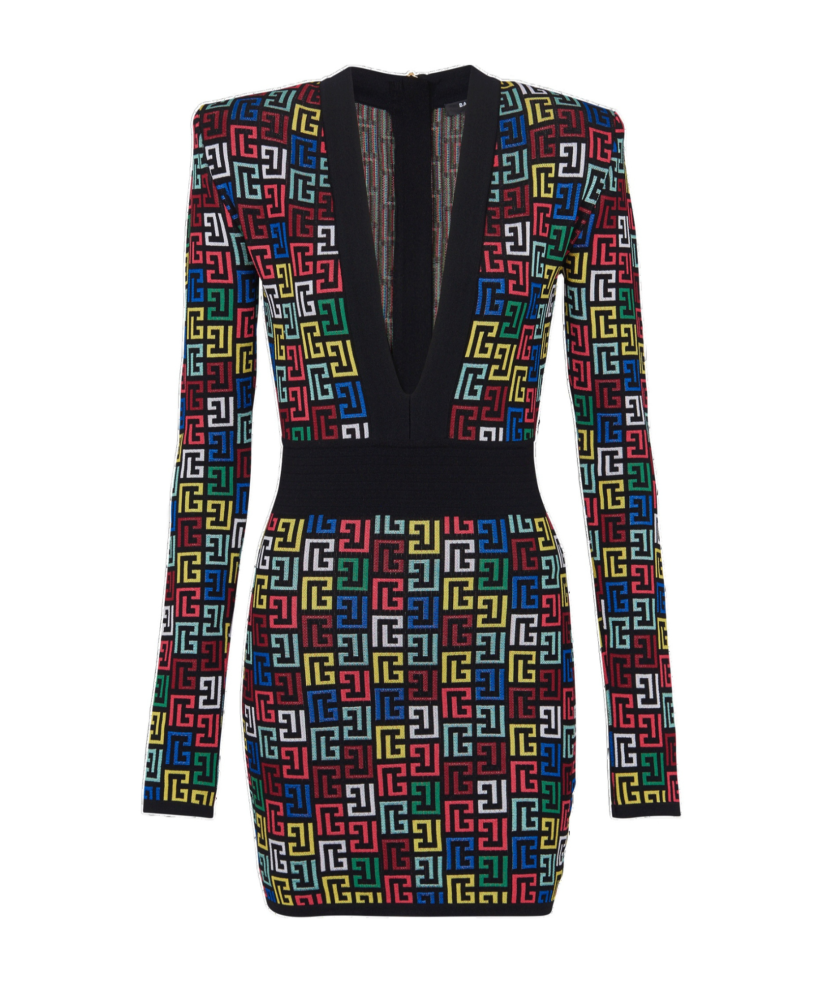 Balmain Knit Dress With Monogram And Geometric Pattern In Black