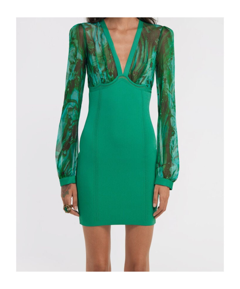 Roberto Cavalli V-neckline Fitted Silhouette Mini Length Sheer Long Sleeves In Green