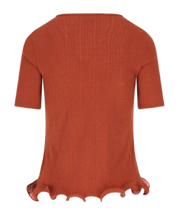 Fendi Logo Embroidered Ruffled-hem Ribbed Top In Brown