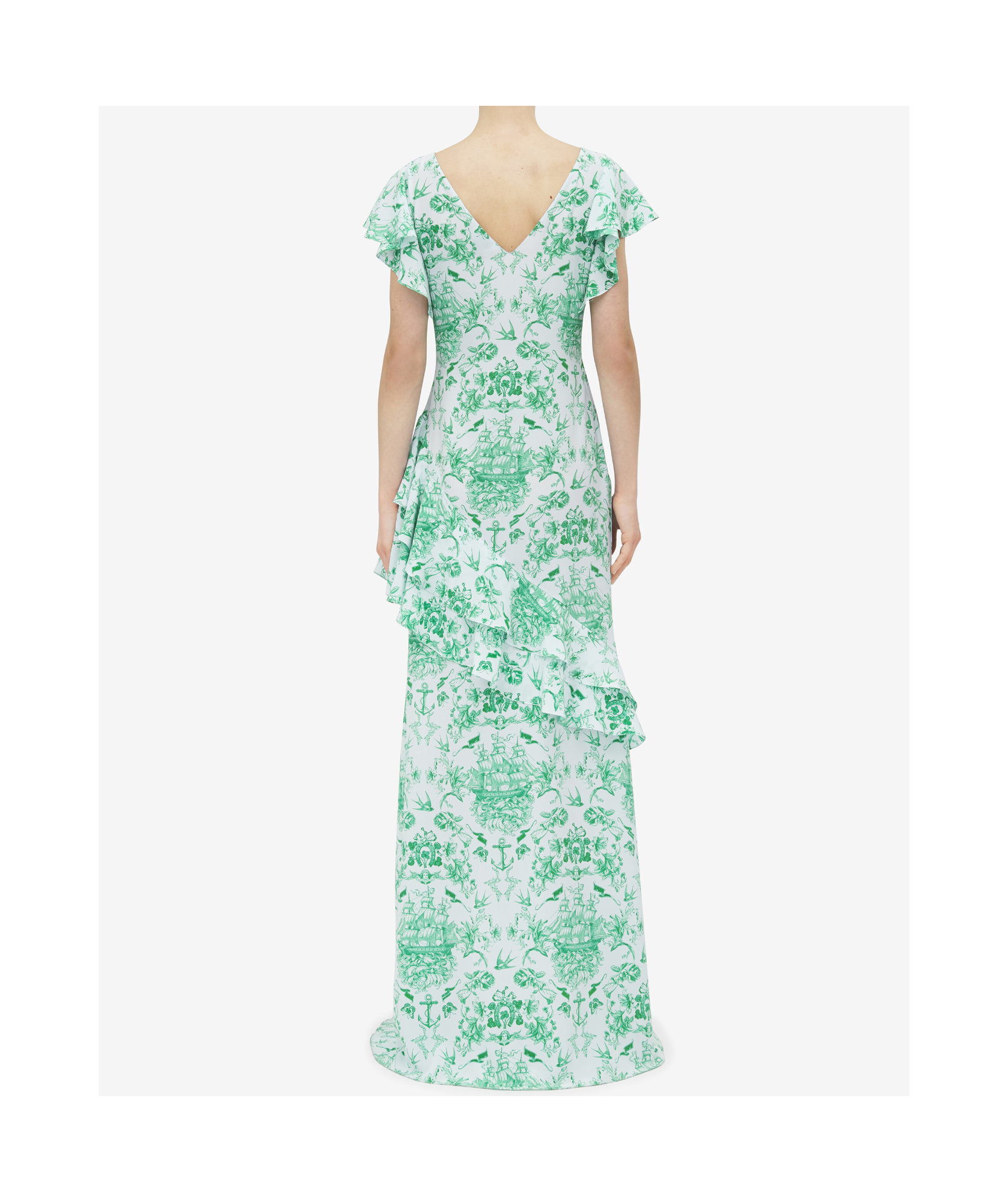 Alexander Mcqueen Asymmetric Ruffled Printed Silk-satin Maxi Dress In Green