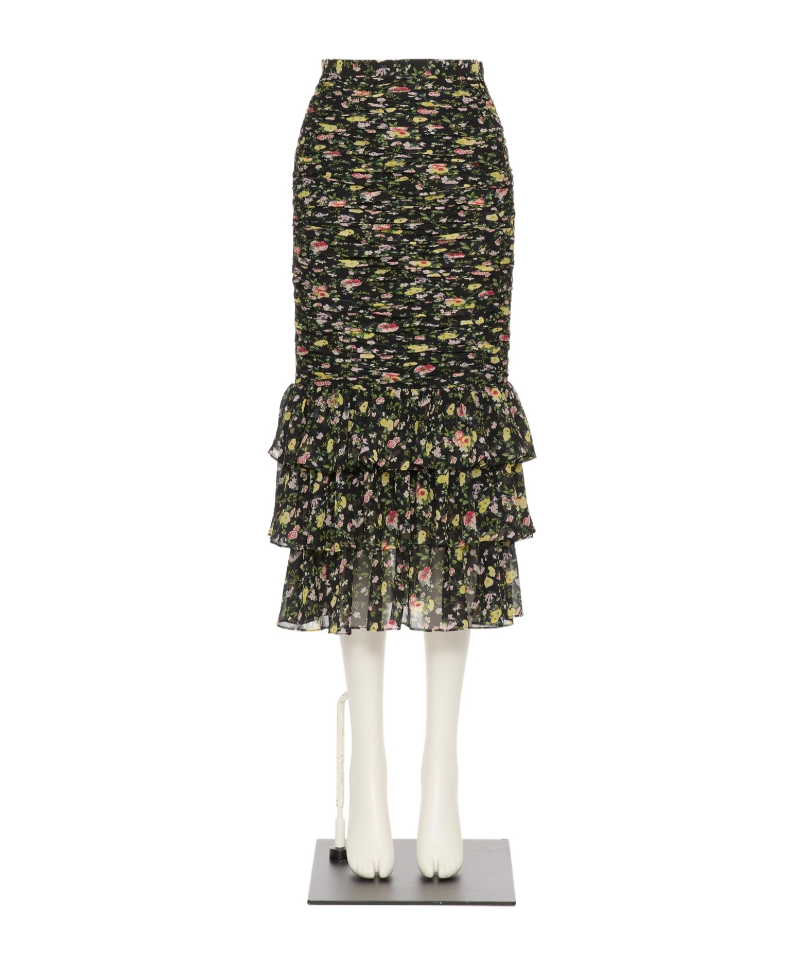 Valentino Ruched Flower Print Midi Skirt With Ruffle Hem In Black