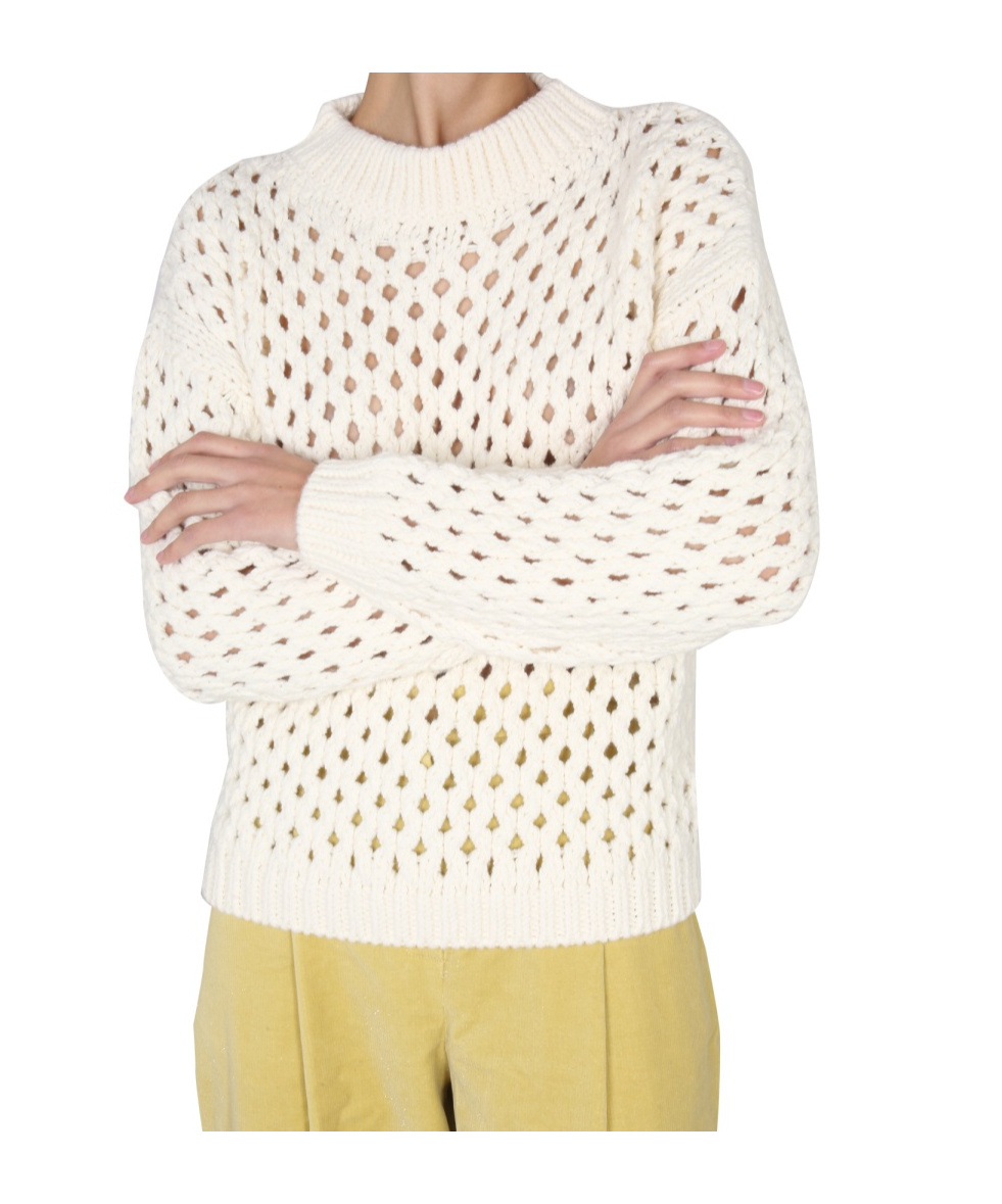 Alysi Cross-neck Knit Sweater With Ribbed Details In Beige