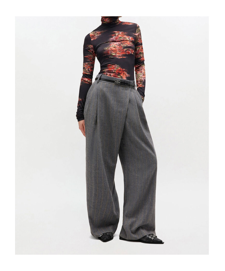 Ganni Grey Stripe Cross-over Trousers In Gray