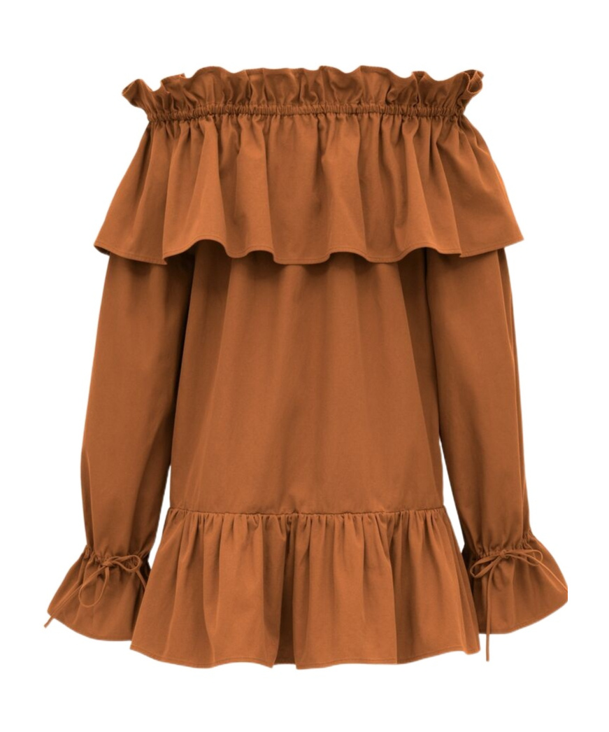 Saint Laurent Brown Ruffle Dress With Bare Shoulders In Cotton Twill Woman In Brown