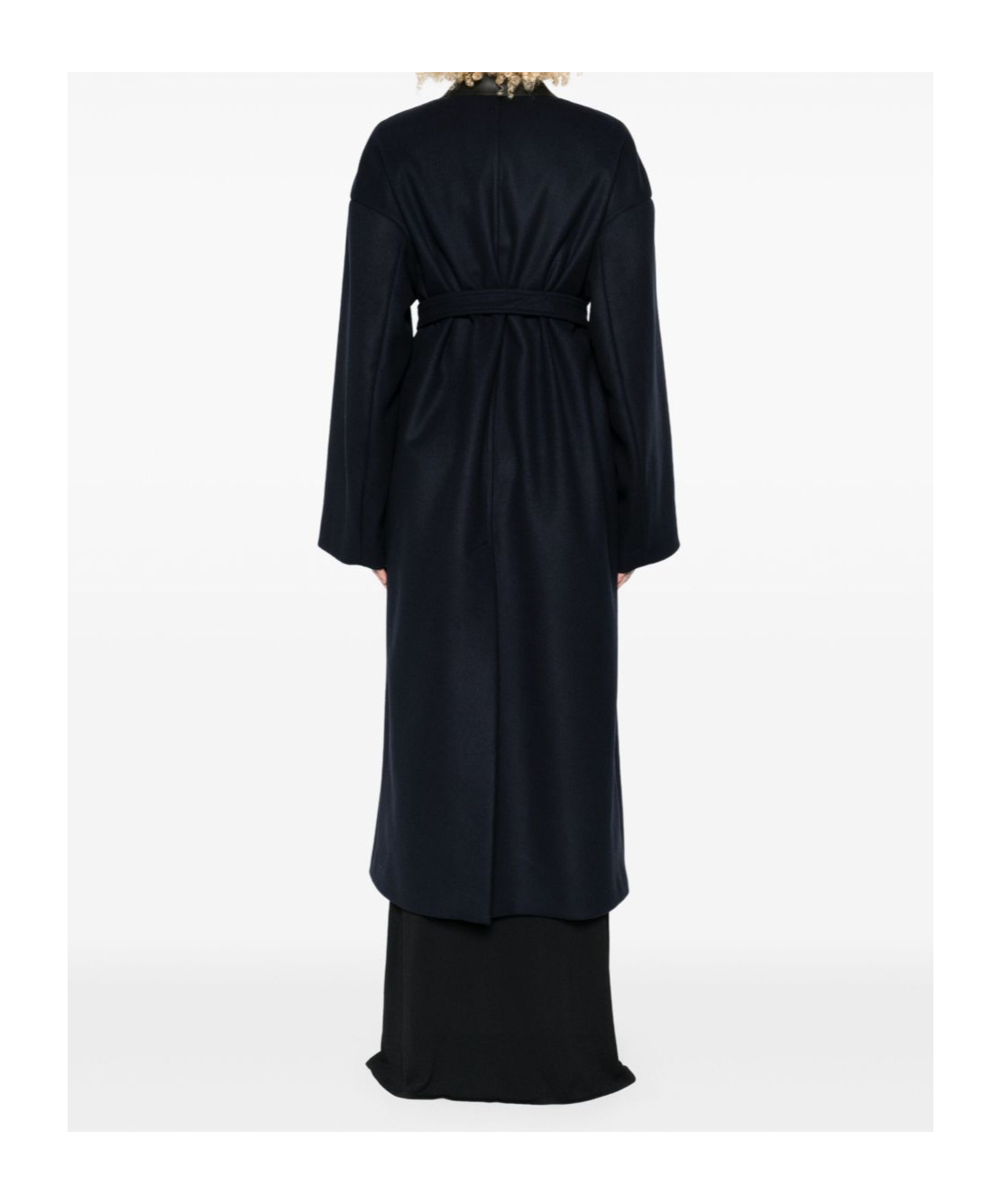 Sportmax Belted Long Coat Featuring Leather Collar In Blue