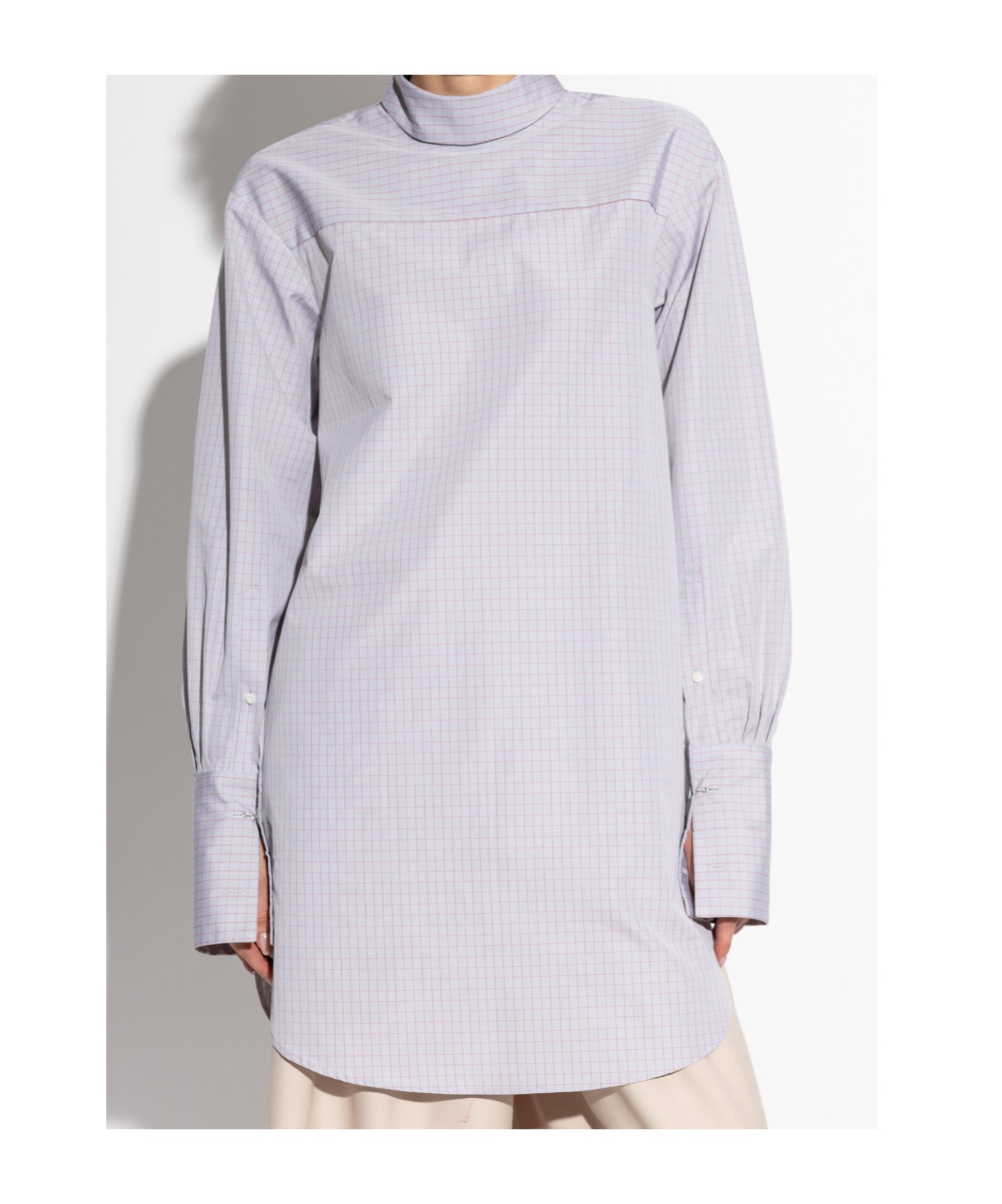 Dries Van Noten Checked Popeline Turtleneck Shirt With High Collar In Purple