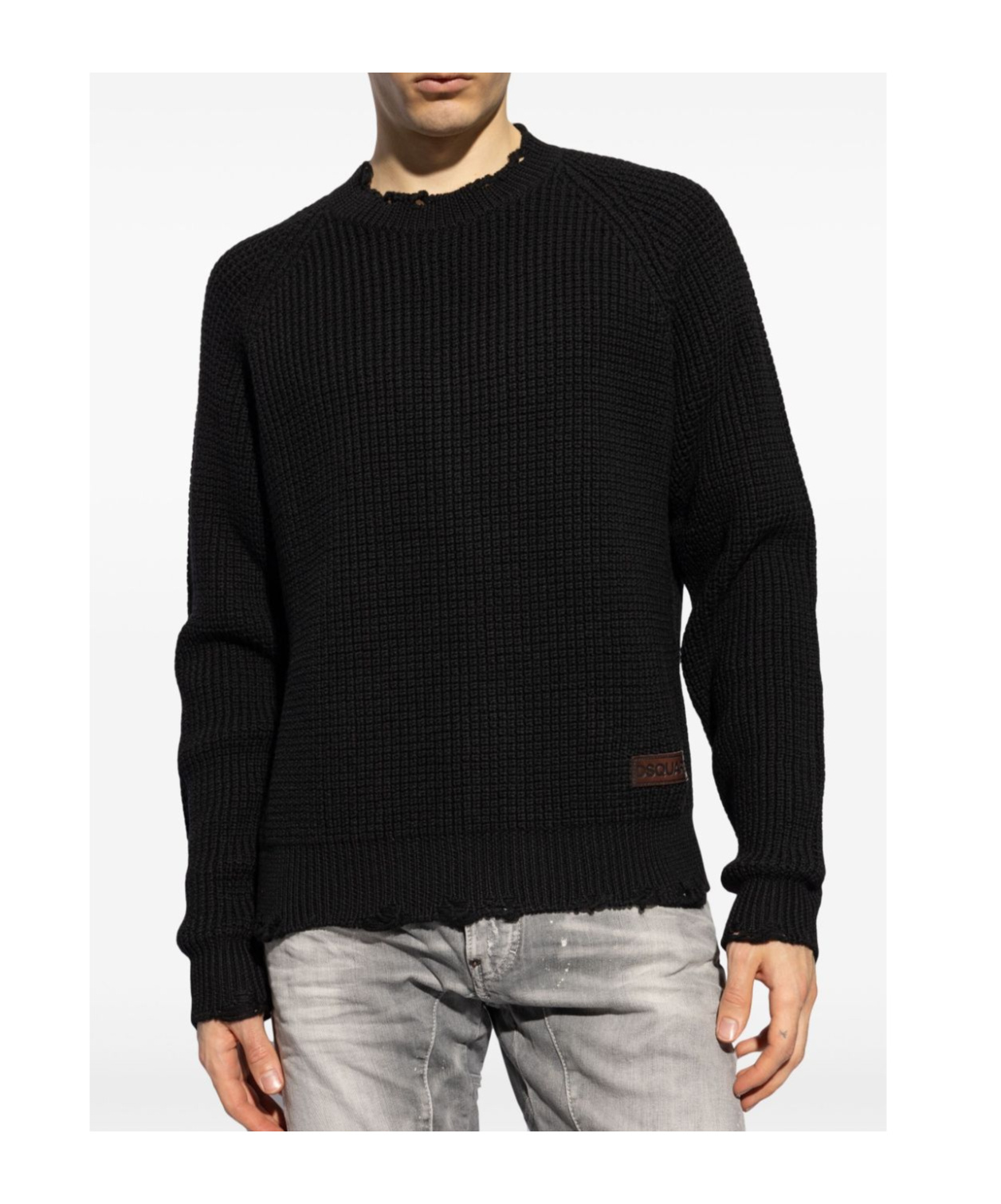 Dsquared2 Textured Knit Sweater With Raw Hem And Distressed Detailing In Black