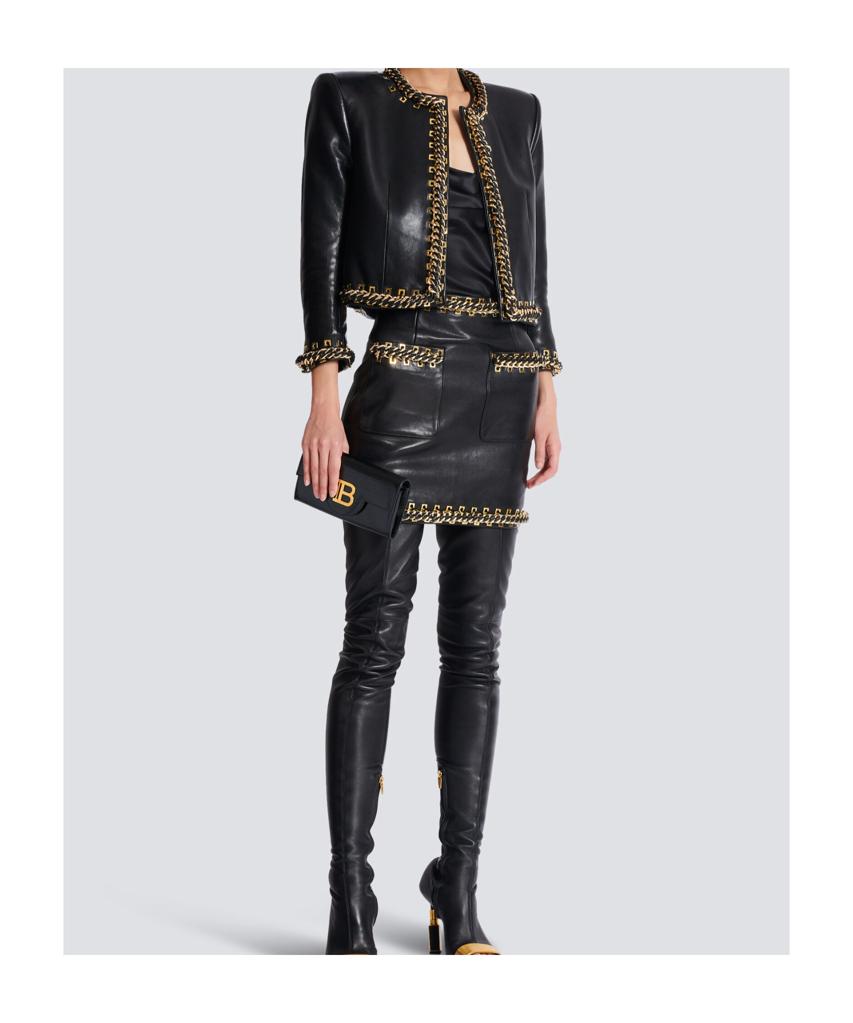 Balmain Lambskin Edge-to-edge Jacket With Chain Trim In Black