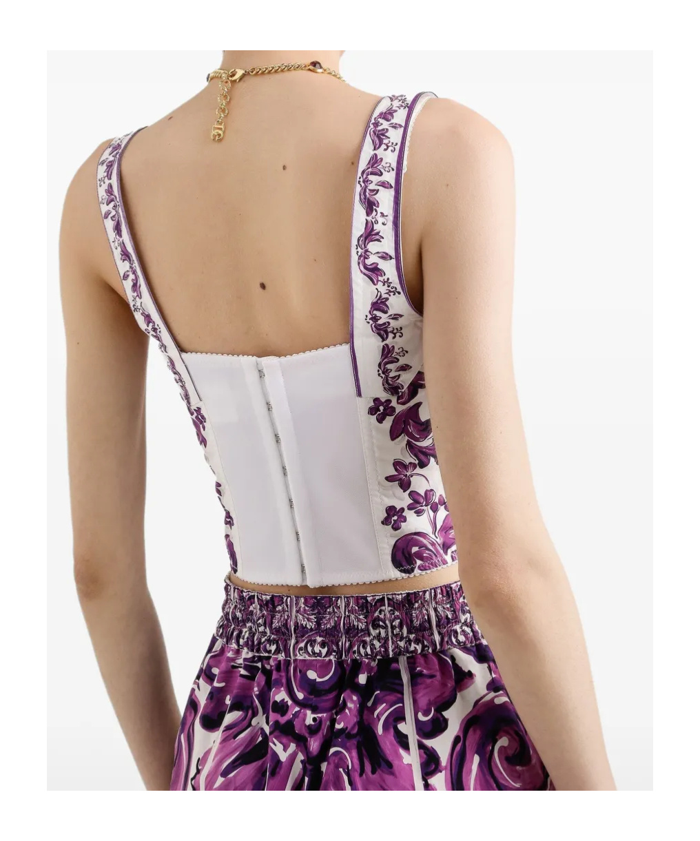Dolce & Gabbana Cotton Blend Bustier Top With Maiolica Print In Purple