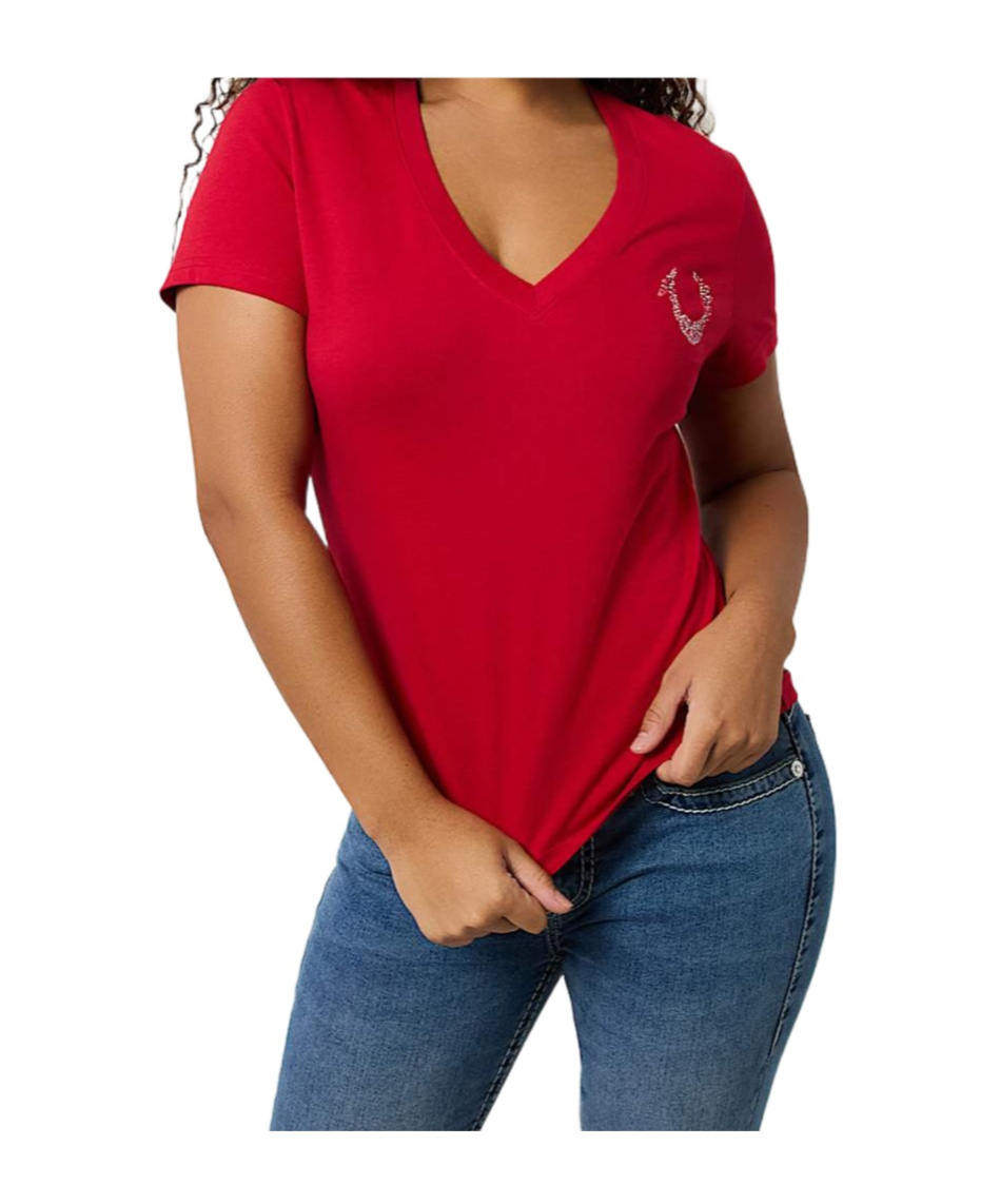Shop True Religion Crystal Ombre Horseshoe V Neck Tee In Rio Red