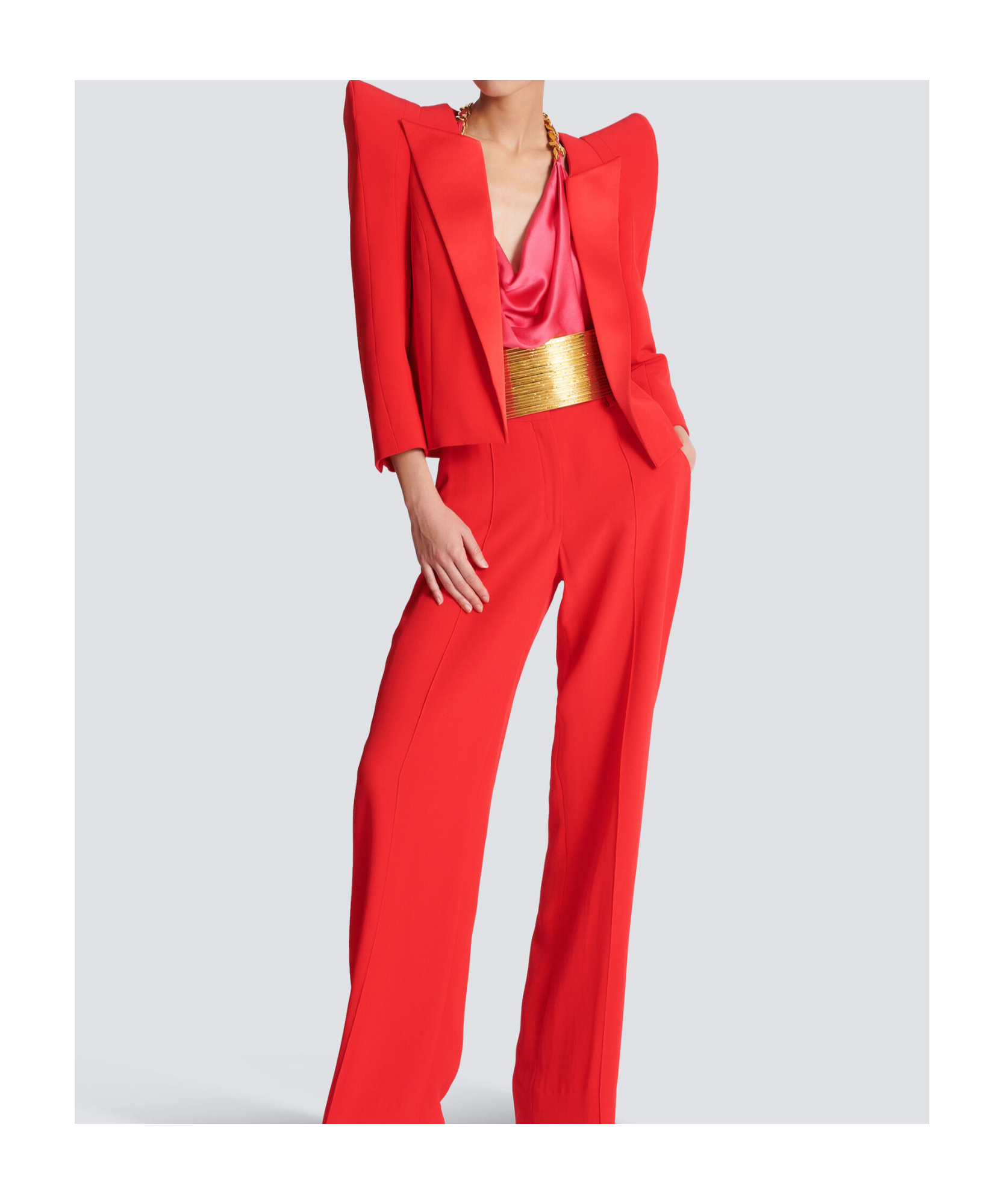 Shop Balmain Cropped Crepe Jacket With Structured Shoulders In Red