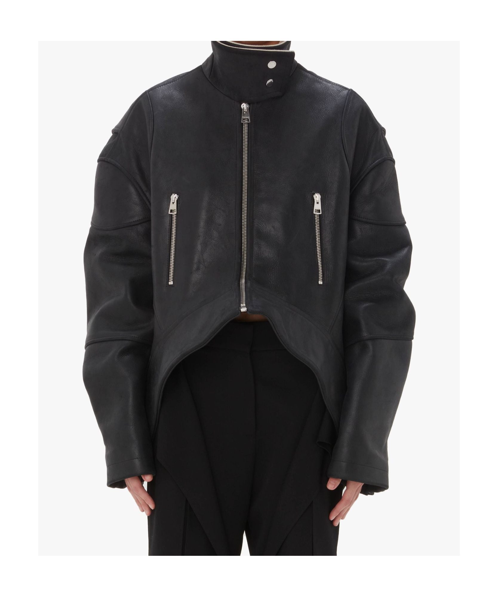 Shop Jw Anderson High-neck Curved Leather Jacket In Black