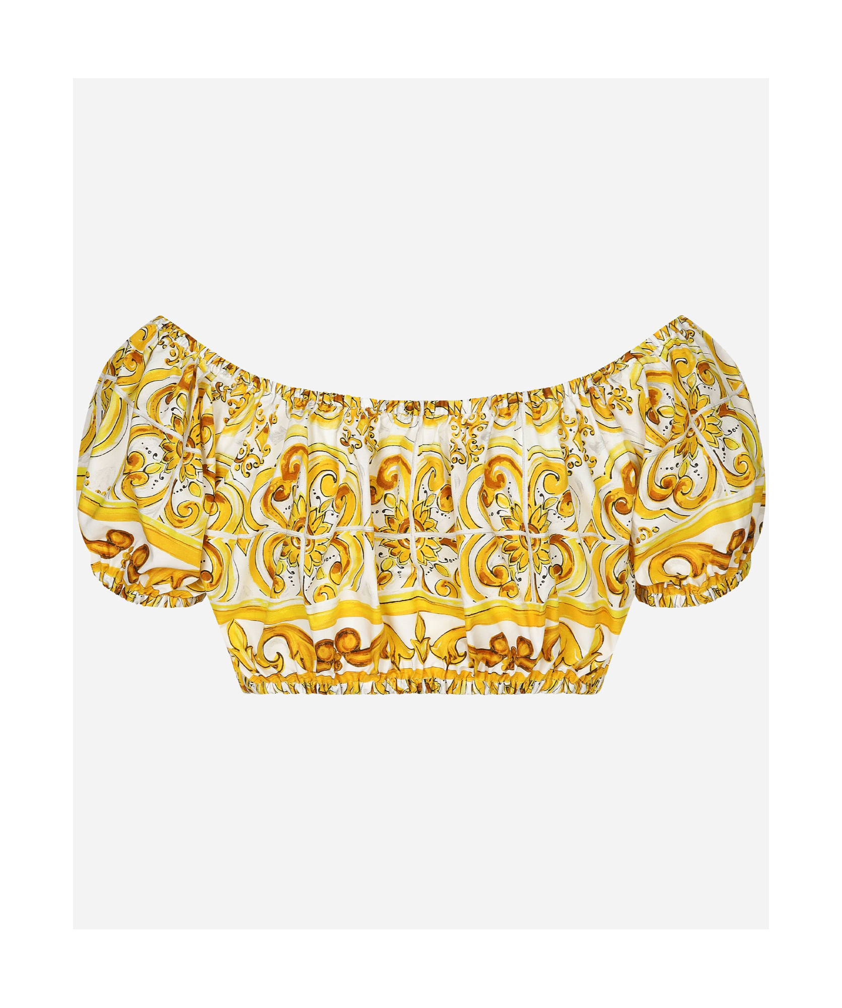 Dolce & Gabbana Cotton Poplin Crop Top With Majolica Print In Yellow