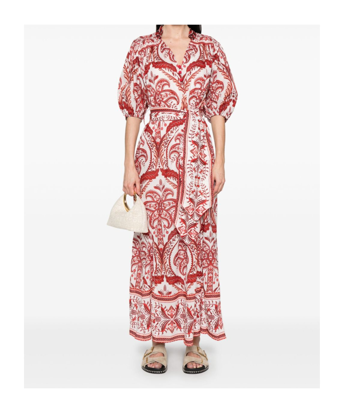 Farm Rio Tropical Cameo Belted Maxi Dress In Off White In Red