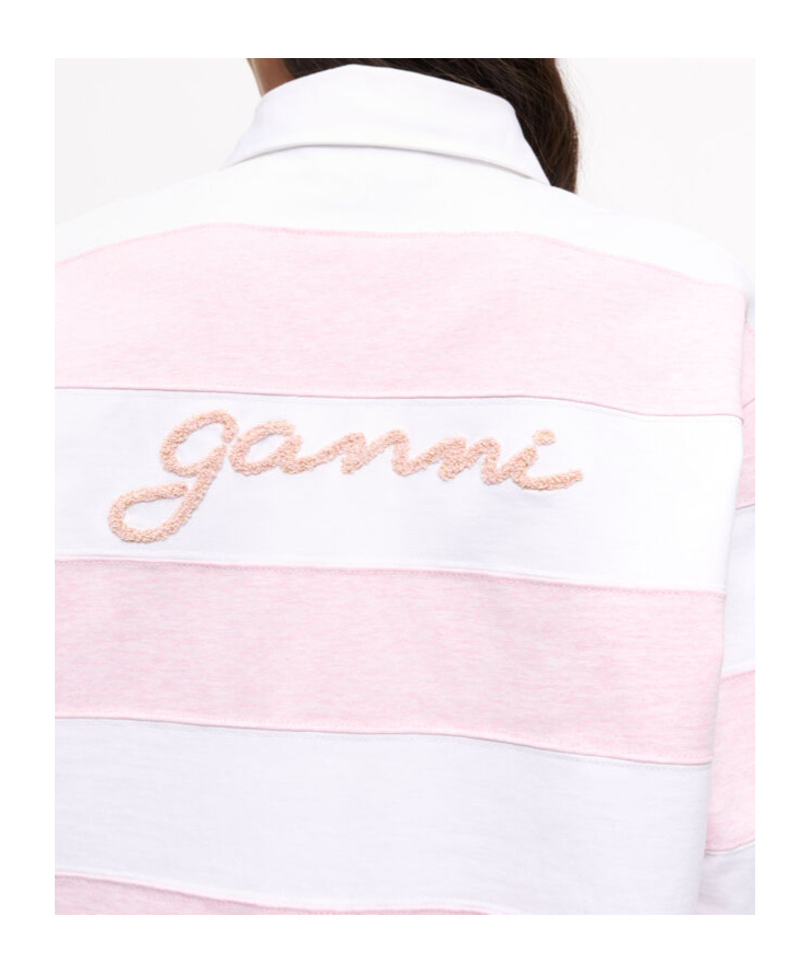 Ganni Striped Cotton Jersey Polo Sweater In White