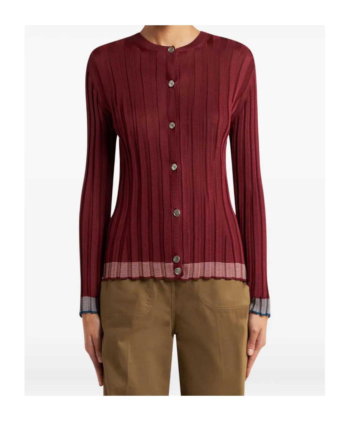 Etro Ribbed Cardigan With Pegaso Buttons In Burgundy