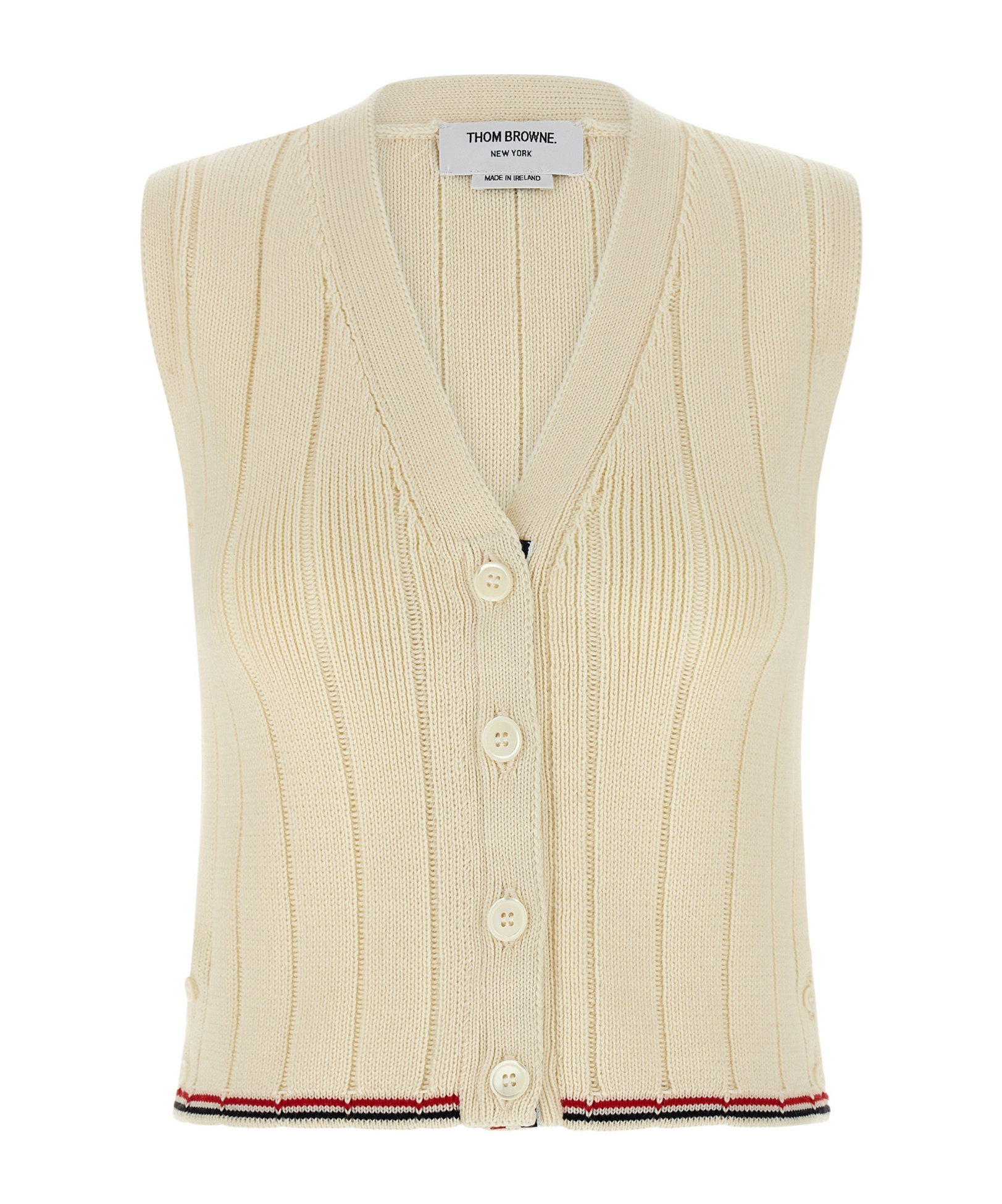 Thom Browne Sleeveless V-neck Ribbed Striped Vest In Neutral