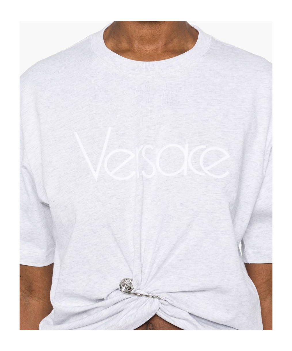 Versace Cropped T-shirt With Twist Detail And Safety Pin Logo In White