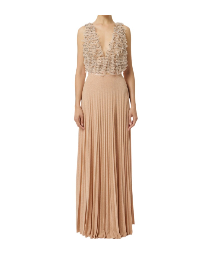Elisabetta Franchi Red Carpet Dress In Tulle And Jersey Fabrics With Crystals In Brown