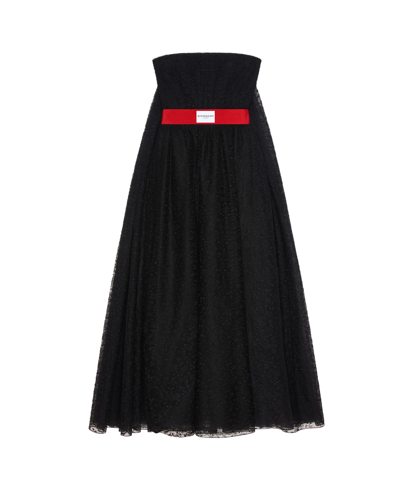 Givenchy Strapless Cape-effect Pleated Webbing-trimmed Lace Midi Dress In Black