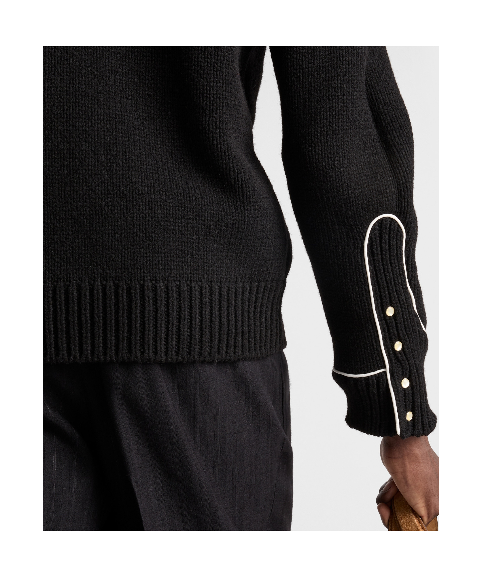 Prada Wool Crew Neck Sweater With Ribbed Cuffs In Black