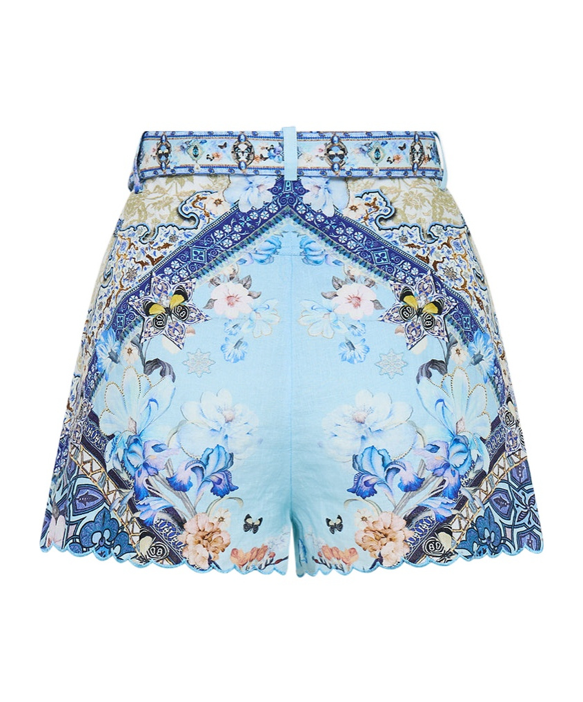 Camilla Hemline Shorts With Floral Pattern And Belt In Blue