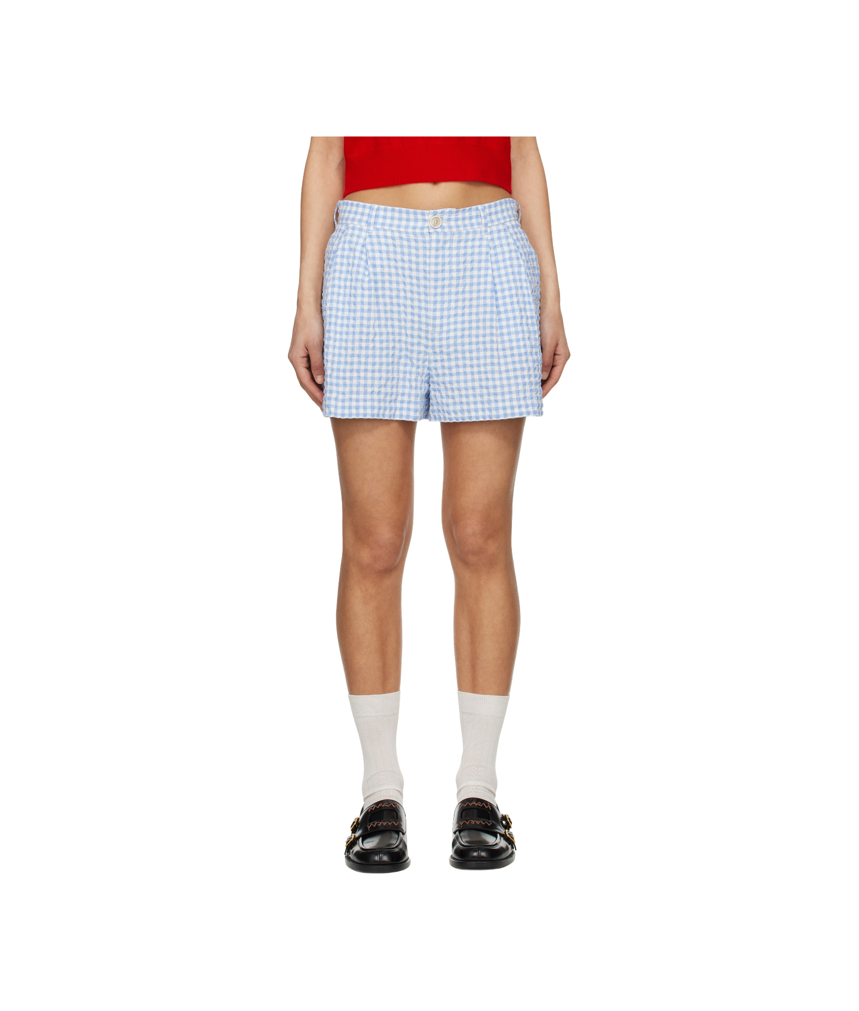 Marni Light Blue And White Checked Seersucker Shorts In Light Blue And White