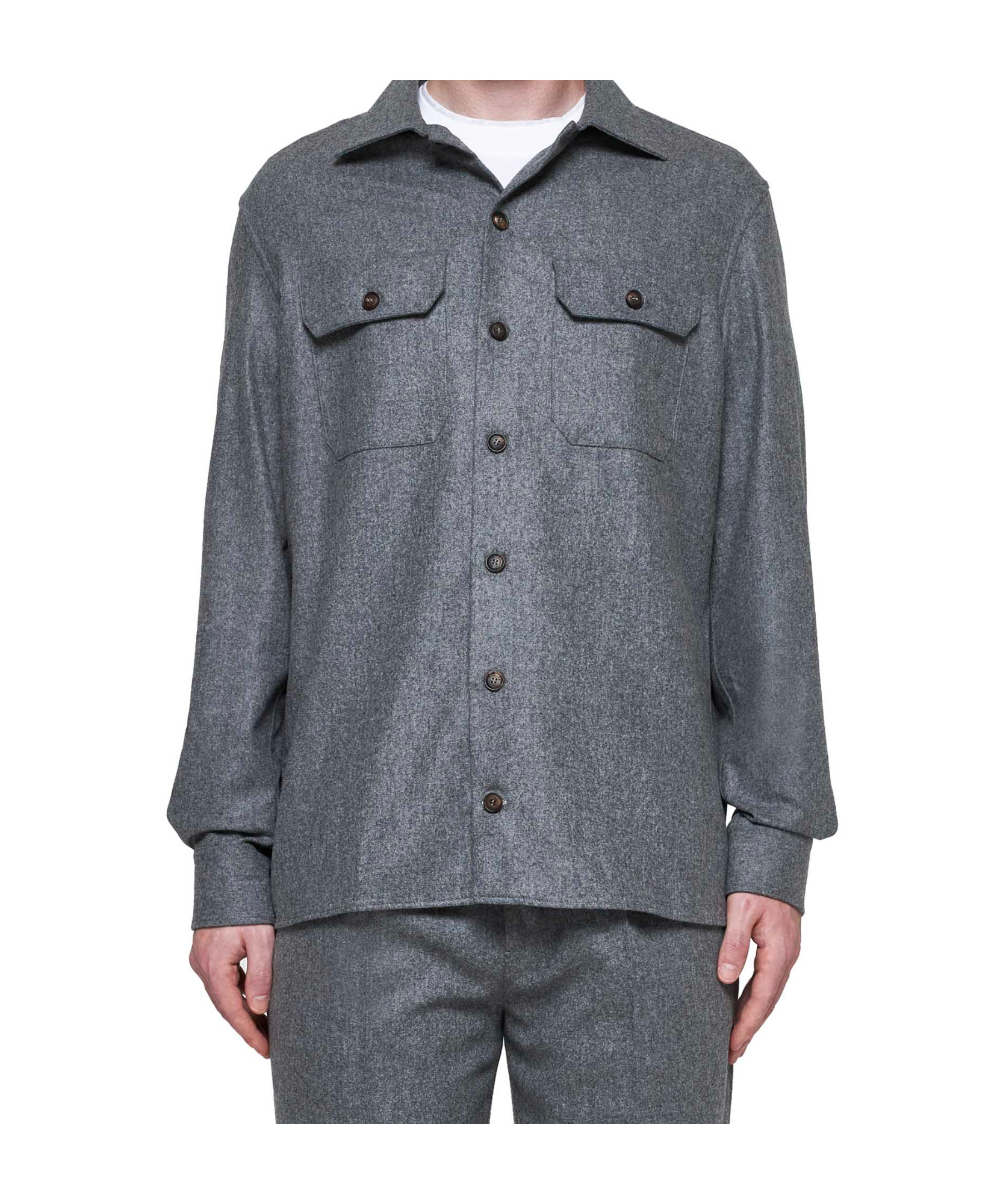Brunello Cucinelli Wool Shirt With Straight Hem And Buttoned Hems In Gray