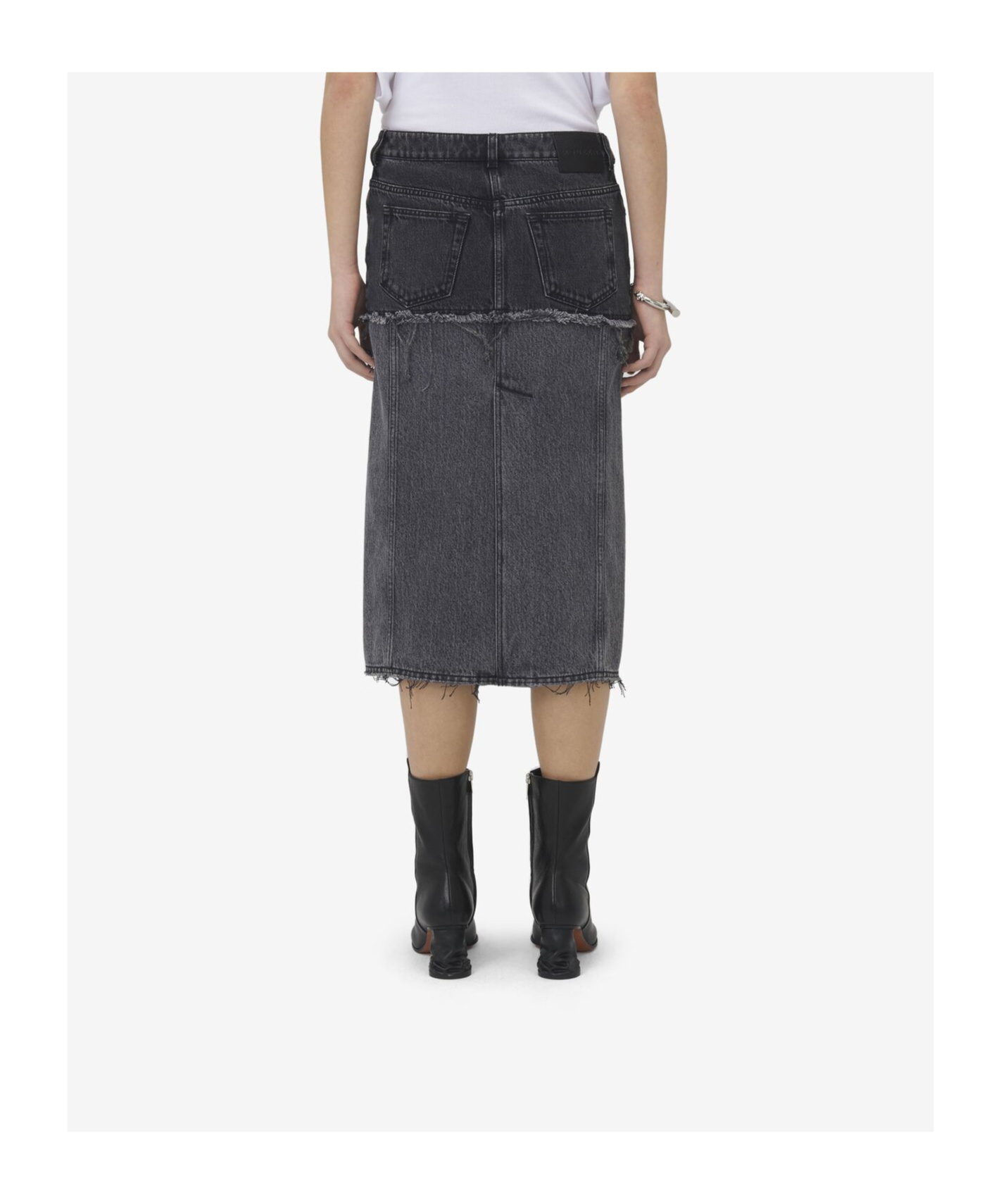 Alexander Mcqueen Mcqueen Two-tone Low Rise Denim Midi Skirt In Black
