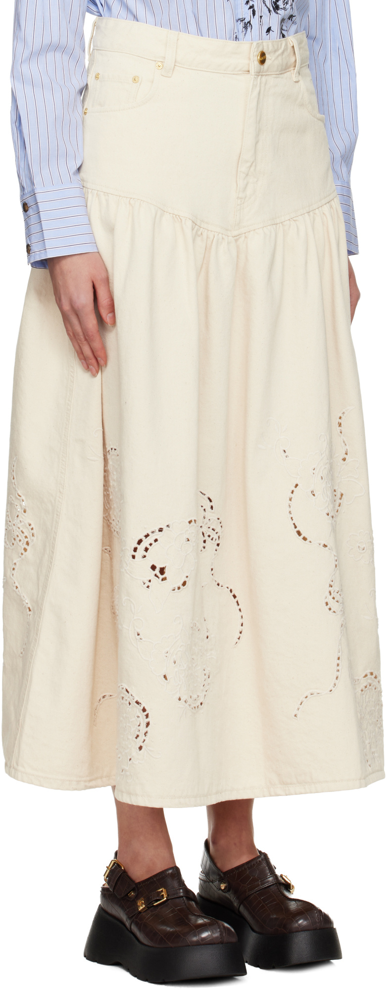 Ganni Embroidered Denim Skirt In Neutral