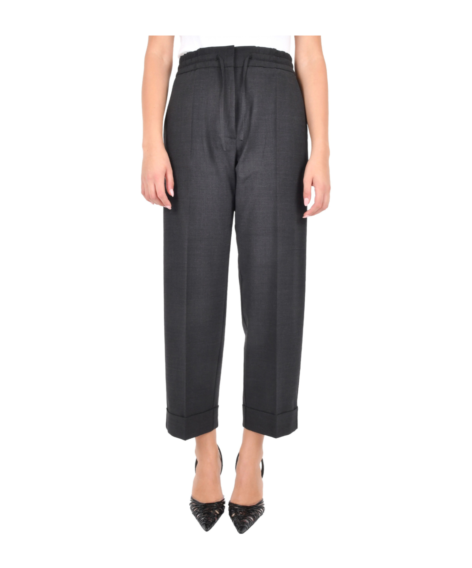 P.a.r.o.s.h Pantaloni Cropped In Lana Vergine Stretch Color Testa Di Moro Con Coulisse Alla Vita In Black