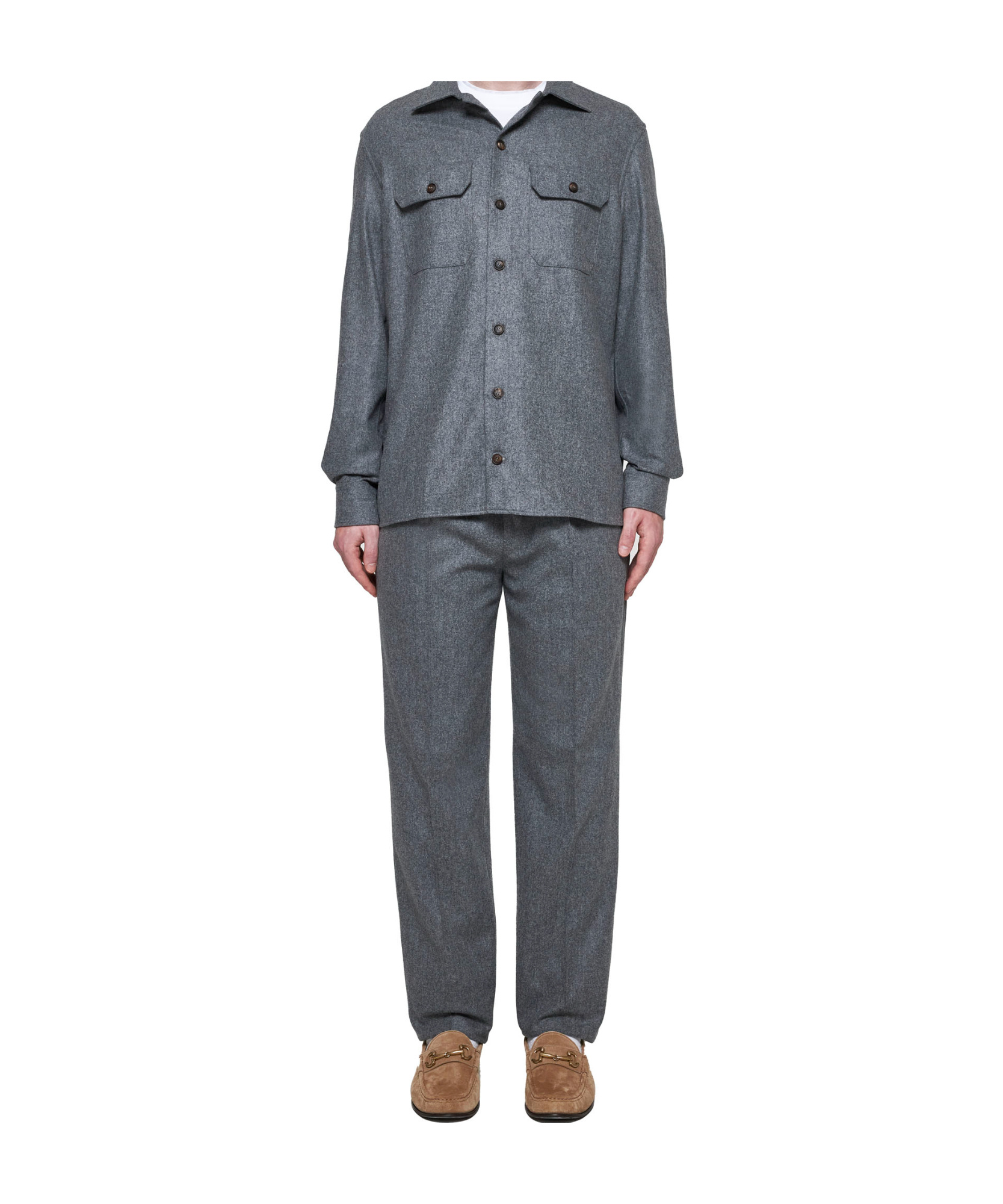 Brunello Cucinelli Wool Shirt With Straight Hem And Buttoned Hems In Gray