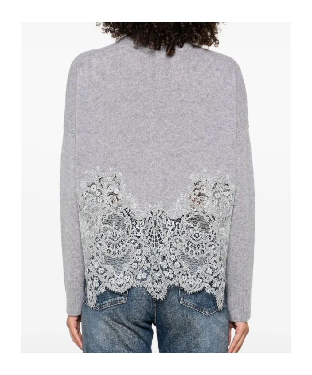 Ermanno Scervino Lace-trimmed Cashmere Cardigan In Gray