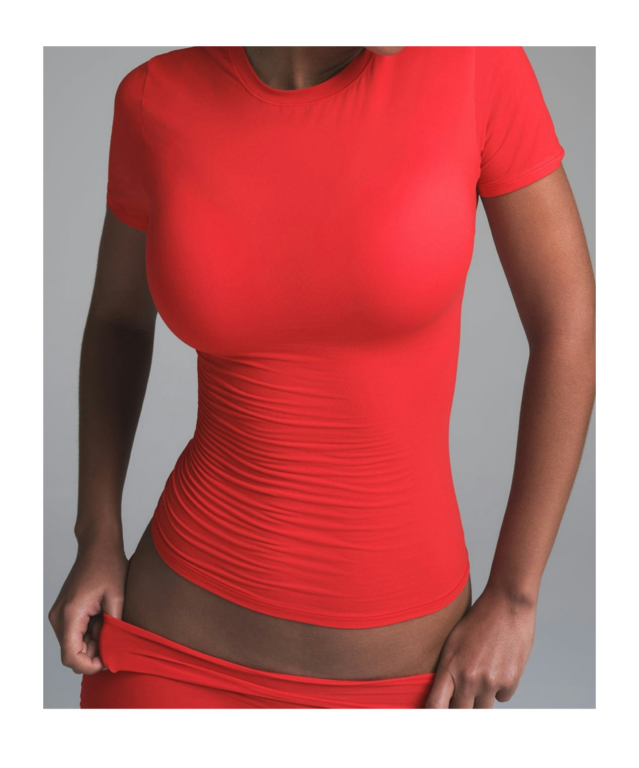 Skims Round Neck Short Sleeve T-shirt In Cherry Color