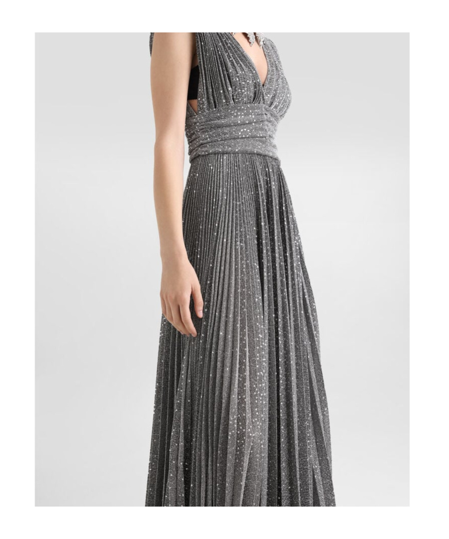 Dolce & Gabbana Long Pleated Dress With Micro-sequin Embellishment In Gray