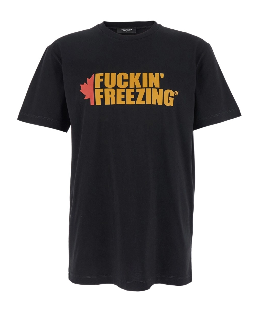 Dsquared2 Black Crewneck T-shirt With Print On The Front And Logo Lettering On The Rear In Cotton Man In Black